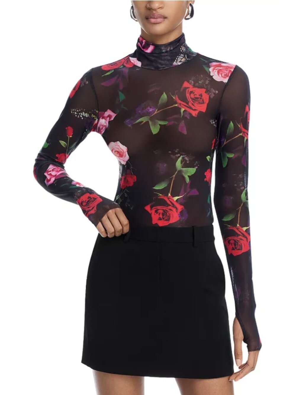AFRM Zadie Printed Mesh Top in Black Rose Floral Medium Baddie Mob Wives